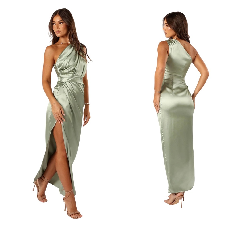 Petal & Pup Sage Green Satin One Shoulder Draped Maxi Dress Side‎ Slit